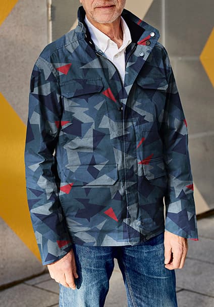 Man in geometric camo field jacket